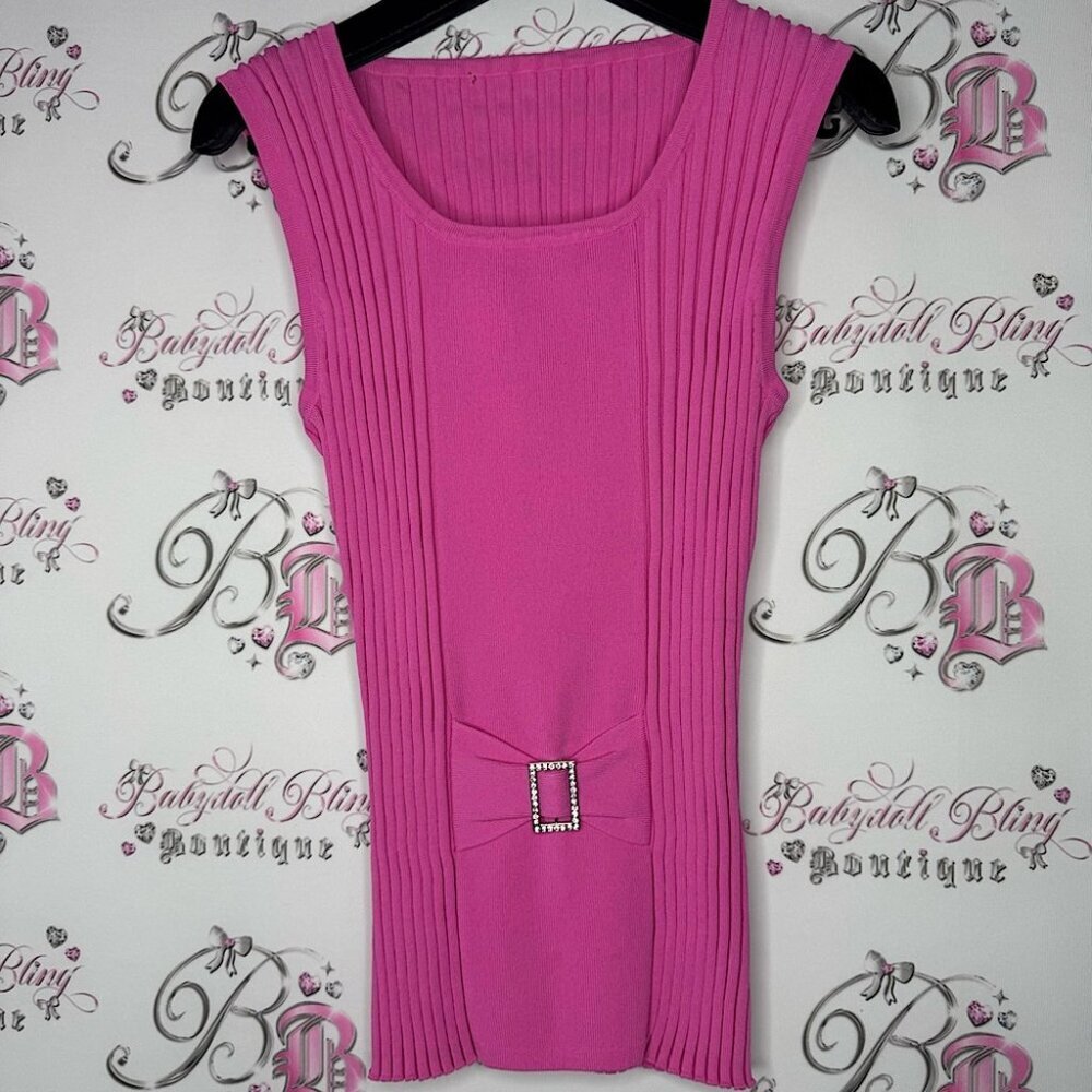 Top tank belt rhinestone bling detail crystals stretchy ribbed sleeveless blouse